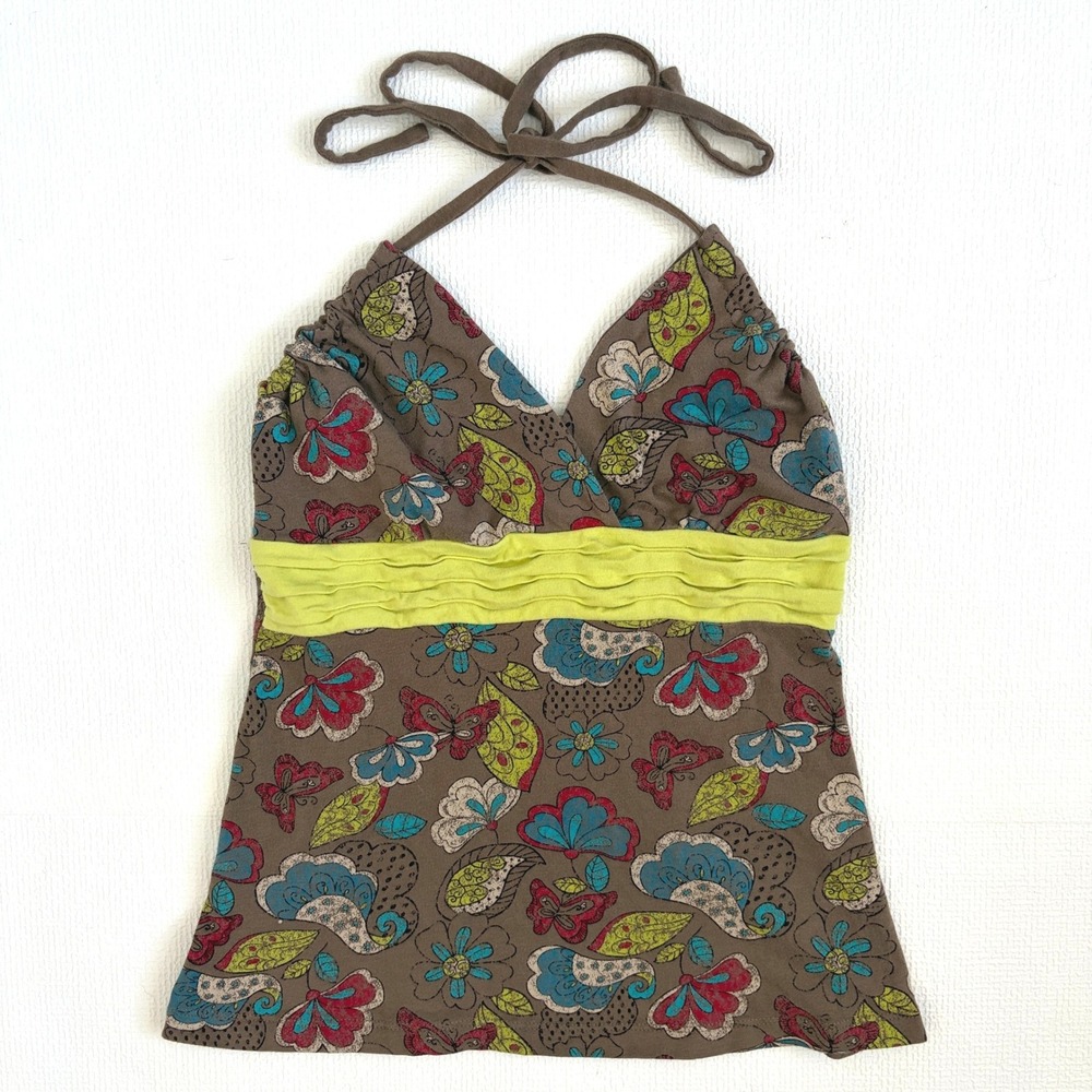 Vintage Halter Top Butterfly Floral Print Empire Waist Small Brown Boho Hippy